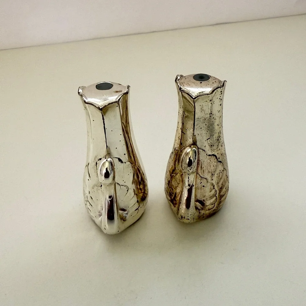 Vintage 90s Swan Salt And Pepper Shakers Silver Plated Collectible Retro 1.5